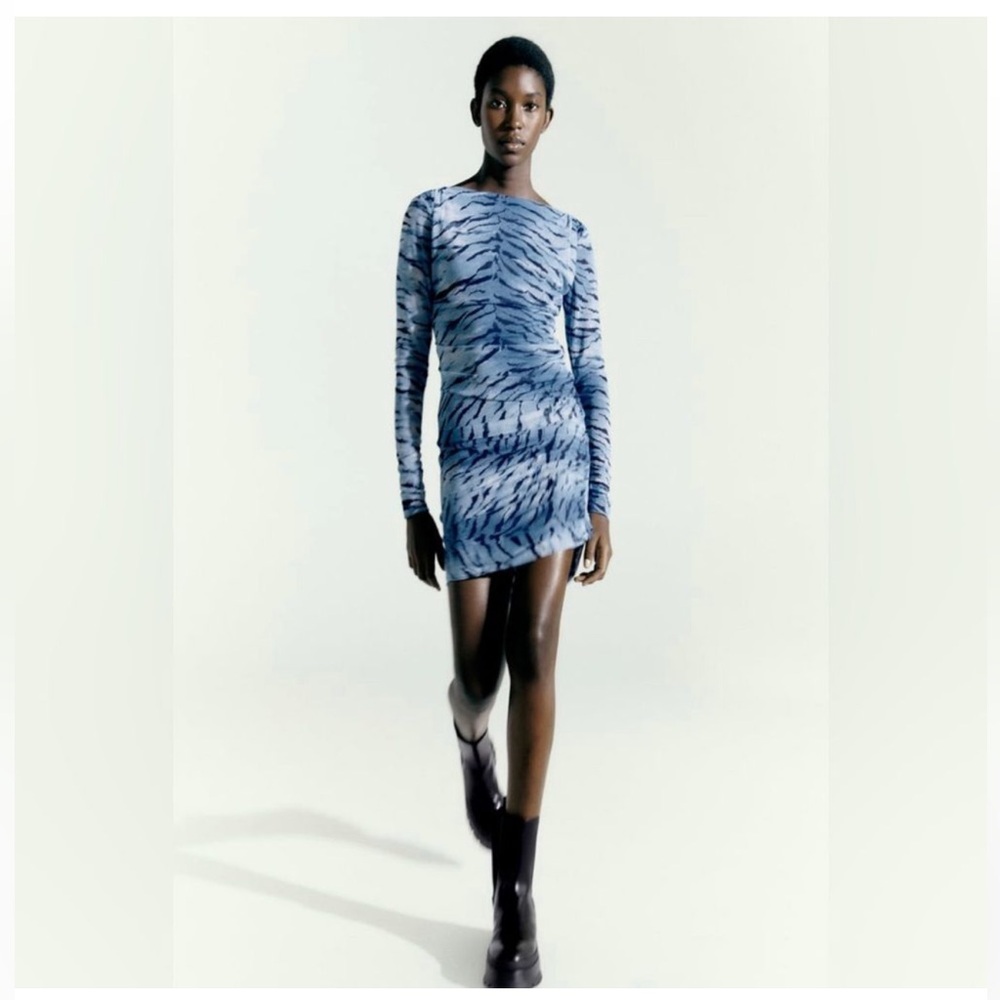 NWT Zara Woman ZEBRA PRINT TULLE DRESS Blue Size M Medium